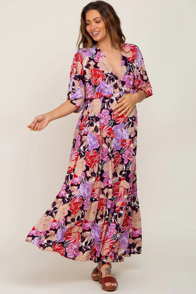 PinkBlush Navy Blue Floral Deep V-Neck Tiered Maternity Maxi Dress