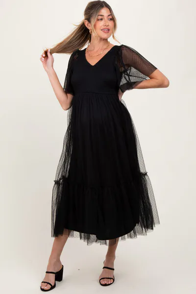 PinkBlush Black Dotted Tulle Smocked Maternity Midi Dress