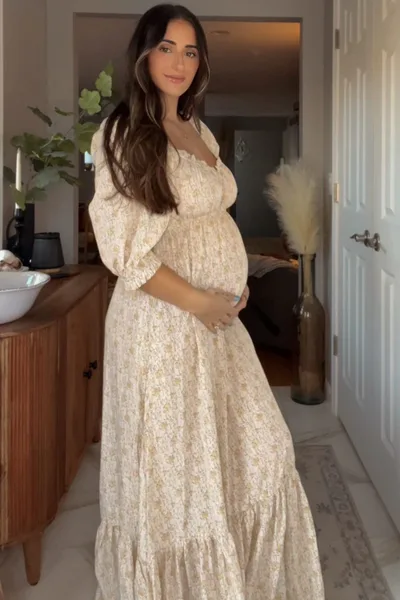 PinkBlush Cream Floral Sweetheart Neckline Maternity Maxi Dress
