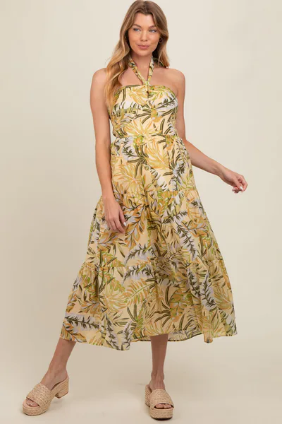 PinkBlush Light Yellow Tropical Halter Maternity Maxi Dress