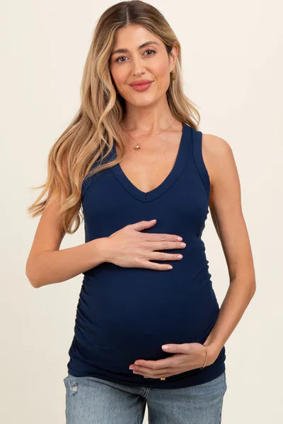 PinkBlush Navy Ribbed Sleeveless Ruched Maternity Tank Top