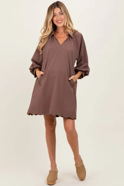 PinkBlush Brown Textured Collared 3/4 Puff Sleeve Maternity Dress