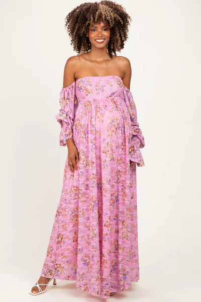 PinkBlush Pink Off Shoulder Long Sleeve Maternity Maxi Dress