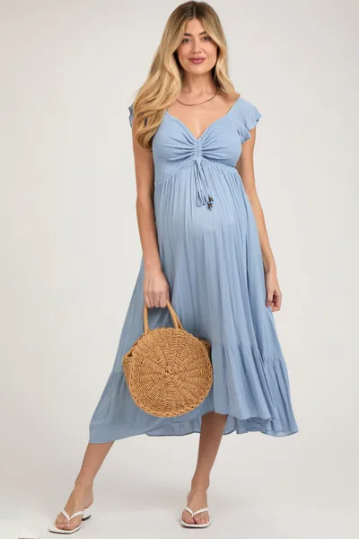 PinkBlush Light Blue Smocked Ruched Ruffle Hem Maternity Maxi Dress