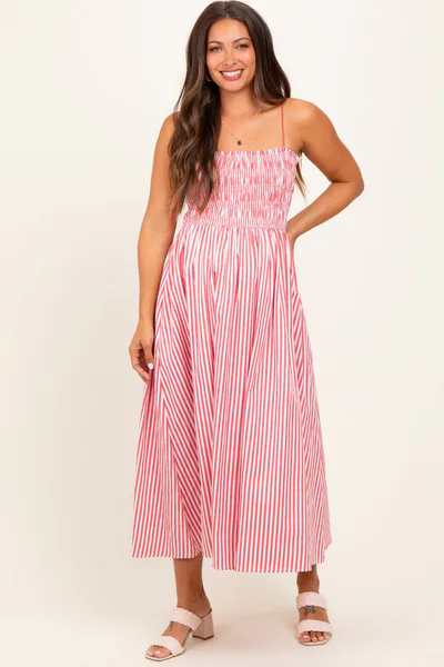 PinkBlush Red Striped Smocked Maternity Midi Dress