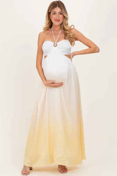 PinkBlush Yellow Ombre Satin Halter Cutout Maternity Maxi Dress