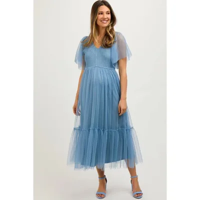 Target PinkBlush Blue Dotted Tulle Smocked Maternity Midi Dress Blue Small