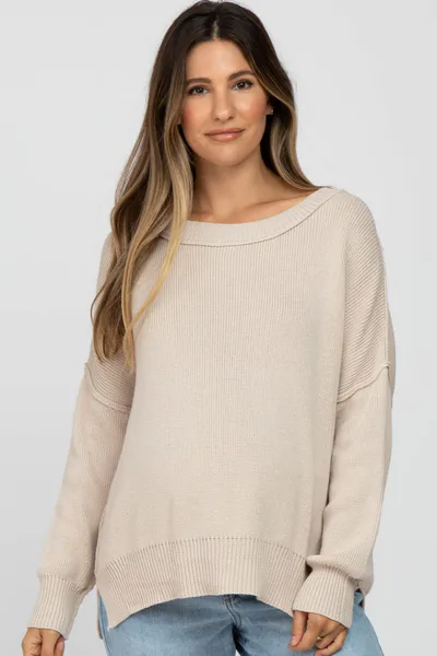 PinkBlush Beige Exposed Seam Side Slit Maternity Sweater