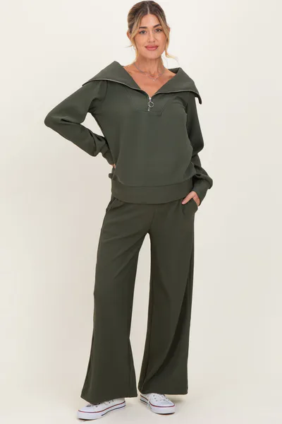 PinkBlush Olive Ribbed Half Zip Pullover Wide Leg Pant Maternity Set