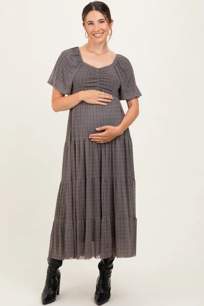 PinkBlush Black Plaid Mesh Tiered Maternity Maxi Dress