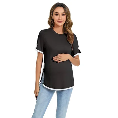 Target Clearlove Maternity Shirts Women's Casual Floral Print Tops Pregnancy Short Sleeve Side Split Top Black S
