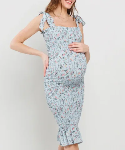 Bump City The Thalia Floral Smocked Tie-Shoulder Maternity Dress (Blue Floral)