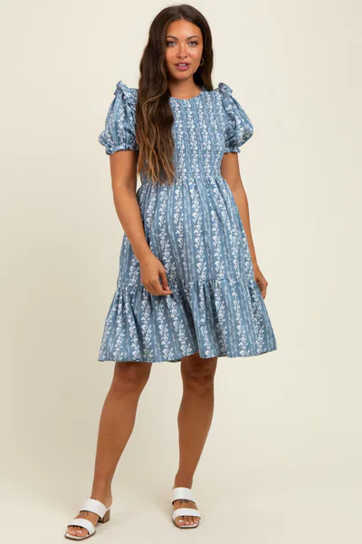 PinkBlush Blue Floral Smocked Ruffle Accent Maternity Dress