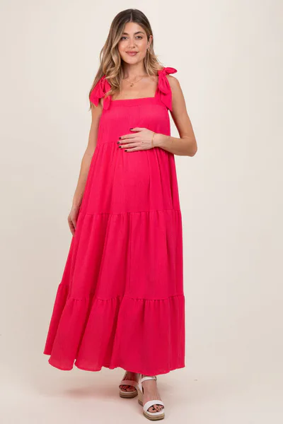 PinkBlush Fuchsia Shoulder Tie Tiered Maternity Maxi Dress