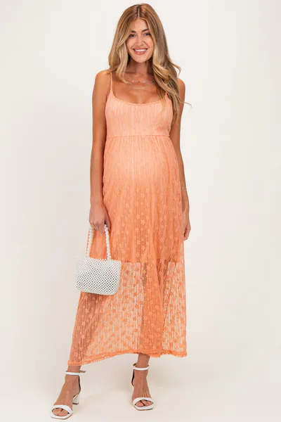 PinkBlush Peach Sleeveless Lace Maternity Maxi Dress