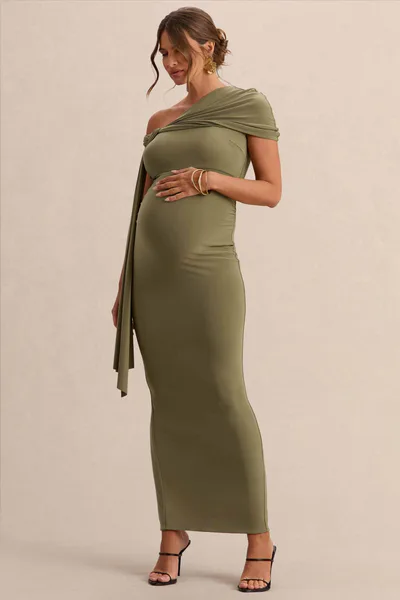 Club L London Isela | Khaki Asymmetric-Neck Maternity Maxi Dress With Sash Detail