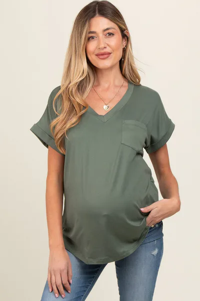 PinkBlush Olive V-Neck Pocket Short Sleeve Maternity Shirt