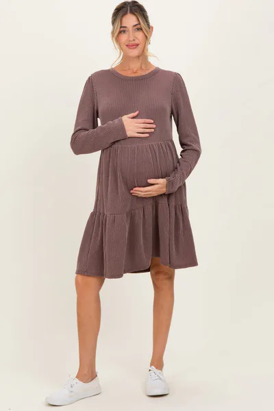 PinkBlush Brown Textured Rib Tiered Long Sleeve Maternity Dress