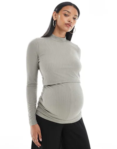 ASOS Mamalicious Maternity jersey rip funnel neck top with hidden nursing overlay in khaki green