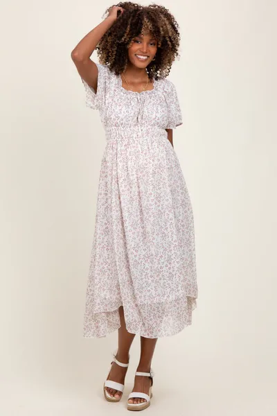 PinkBlush Ivory Floral Square Neck Front Tie Maternity Midi Dress