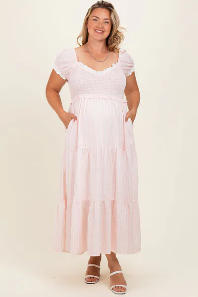 PinkBlush Light Pink Floral Lace Trim Tiered Maternity Plus Maxi Dress