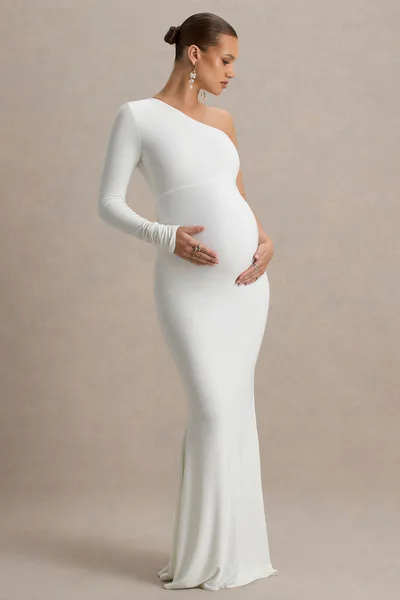 Club L London Heloise | White Asymmetric One-Sleeve Maternity Maxi Dress