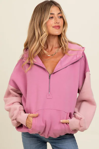 PinkBlush Mauve Colorblock Half Zip Maternity Hoodie