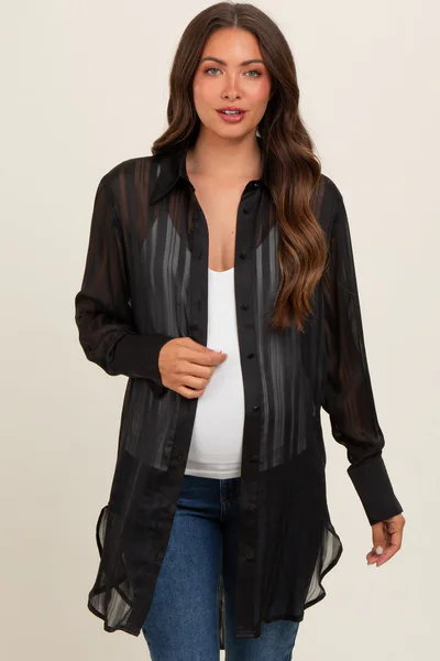 PinkBlush Black Sheer Stripe Button Down Maternity Blouse