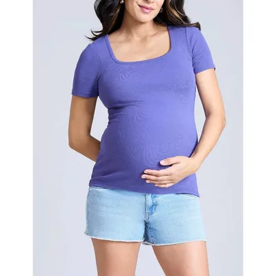 Target Women's Square Neck Rib Knit Short Sleeve Top - Skipper Blue - Size: Large - Motherhood Maternity