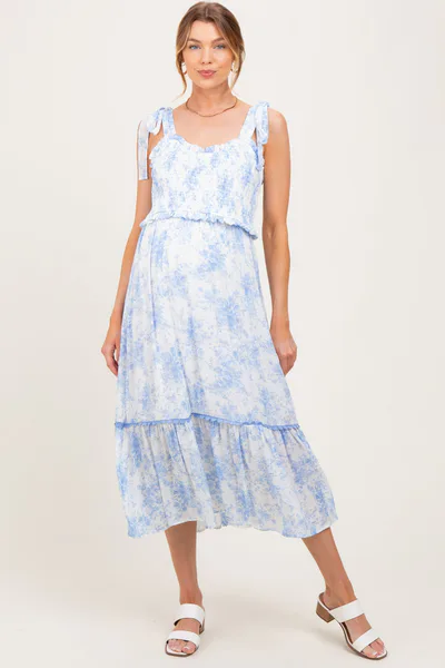 PinkBlush Light Blue Floral Smocked Shoulder Tie Maternity Midi Dress
