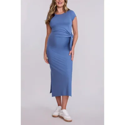 Target Women's Crew Neck Short Sleeve Side Tie Maternity Midi Dress - Moonlight Blue - Size: Large - Motherhood Maternity