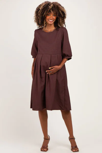 PinkBlush Brown Printed Textured Pleated Maternity Midi Dress