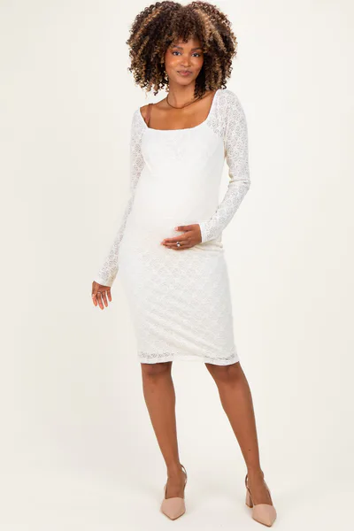 PinkBlush Ivory Long Sleeve Fitted Lace Maternity Dress