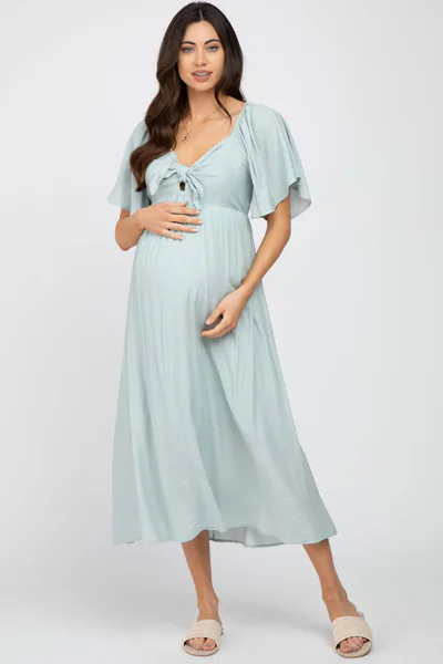 PinkBlush Light Blue Front Tie Ruffle Sleeve Maternity Midi Dress