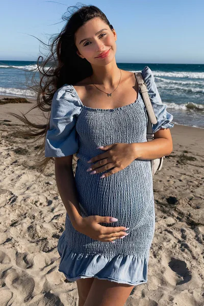 PinkBlush Light Blue Square Neck Smocked Denim Maternity Dress