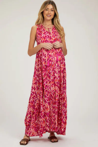 PinkBlush Magenta Sleeveless V-Neck Ruffle Neck Tiered Maternity Maxi Dress