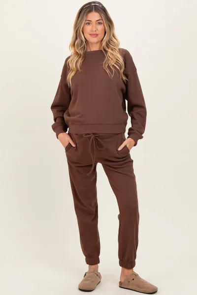 PinkBlush Brown Fleece Long Sleeve Maternity Pullover & Jogger Set