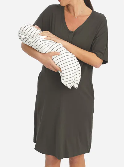 Angel Maternity Mama Hospital Nightie, knee Length with Baby Pouch in Olive Green