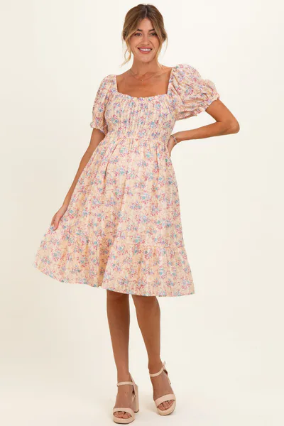 PinkBlush Peach Floral Sweetheart Neck Smocked Maternity Midi Dress