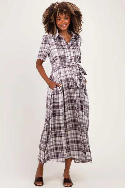 PinkBlush Dark Plum Plaid Button Down Maternity Midi Dress