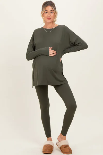 PinkBlush Olive Brushed Knit Maternity Oversized Top and Legging Set