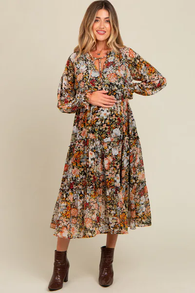 PinkBlush Black Floral Chiffon Front Tassel Tie Maternity Midi Dress