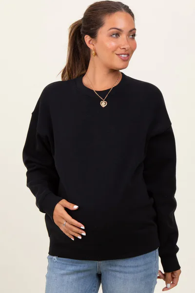 PinkBlush Black Fleece Crew Neck Relaxed Fit Maternity Sweatshirt