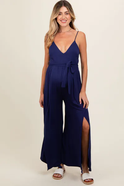 PinkBlush Navy Blue Sleeveless V-Neck Split Hem Maternity Jumpsuit