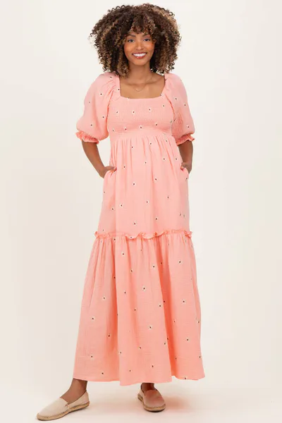 PinkBlush Light Pink Floral Smocked Puff Sleeve Maternity Maxi Dress