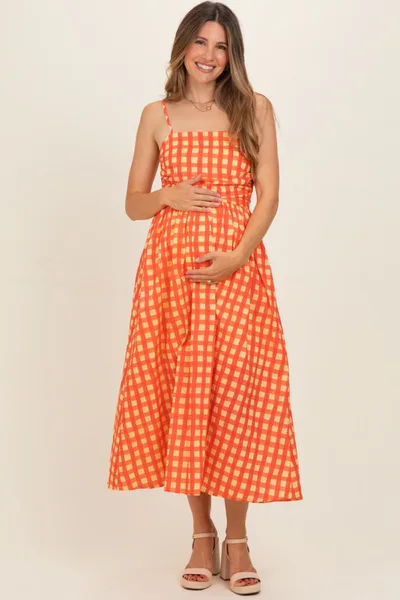 PinkBlush Orange Gingham Maternity Midi Dress