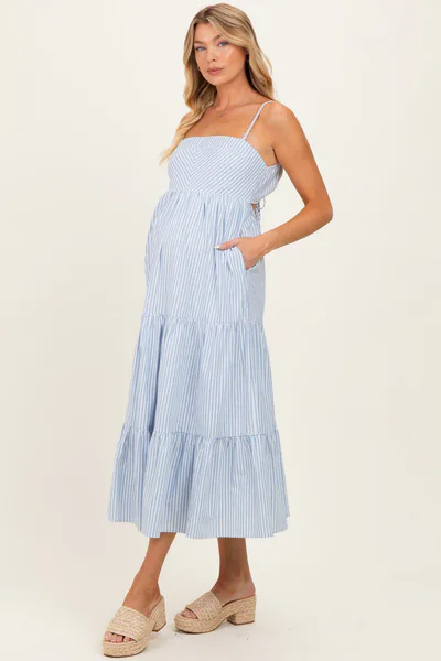 PinkBlush Light Blue Diagonal Stripe Front Tier Maternity Dress