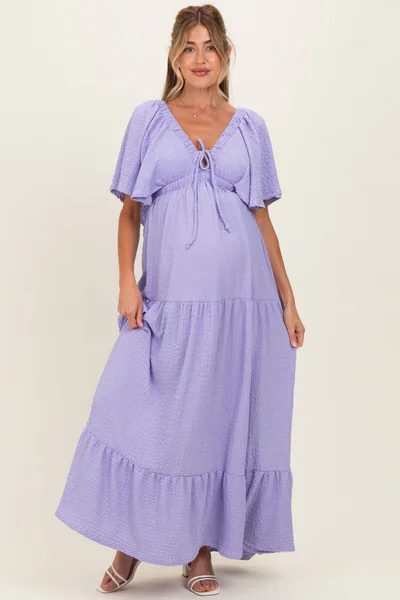 PinkBlush Lavender Woven Textured Flutter Sleeve V-Neck Tiered Maternity Maxi Dress
