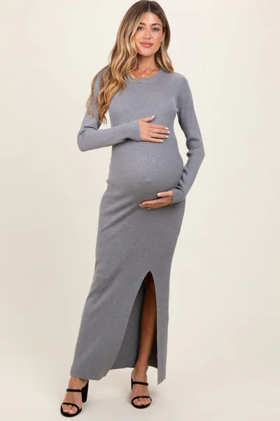 PinkBlush Heather Grey Ribbed Knit Long Sleeve Side Slit Maternity Maxi Dress