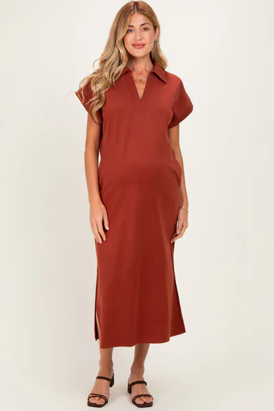 PinkBlush Clay Collared Short Sleeve Maternity Midi Dress